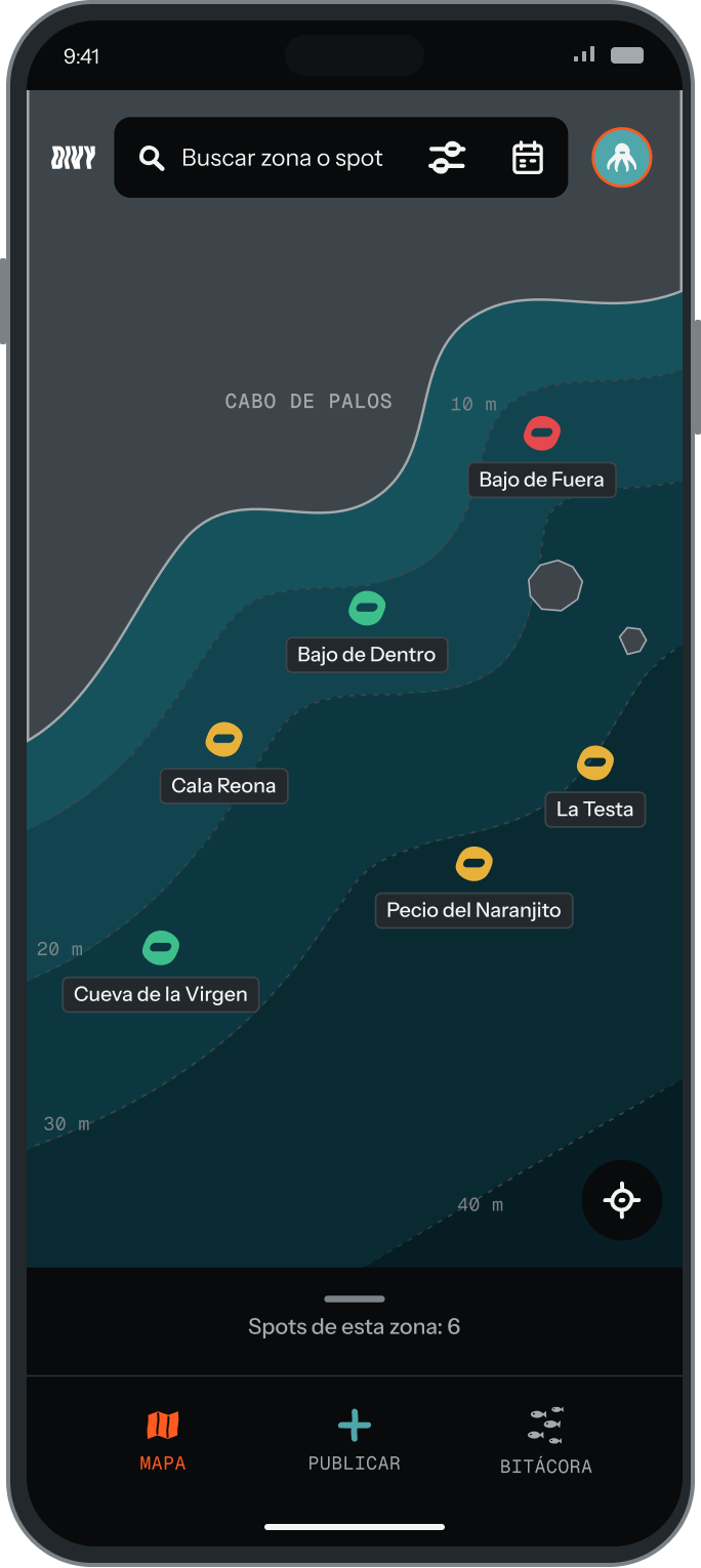 El mapa de Divy con los spots de Cabo de Palos